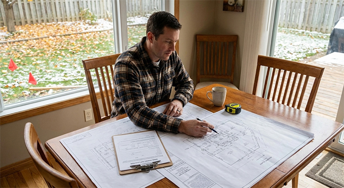Homeowner reviewing shed permit and property layout